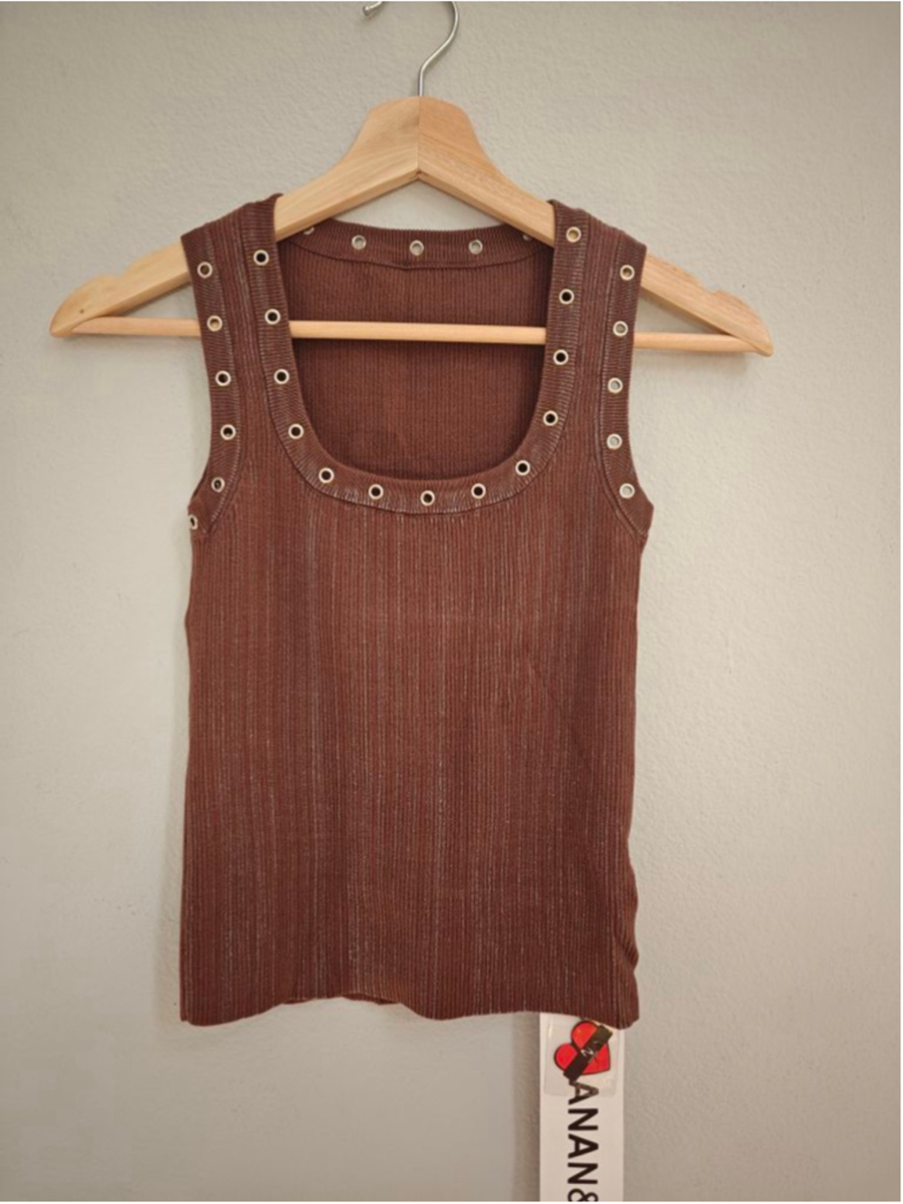 Women's Brown Ribbed Tank Top with Silver Grommets